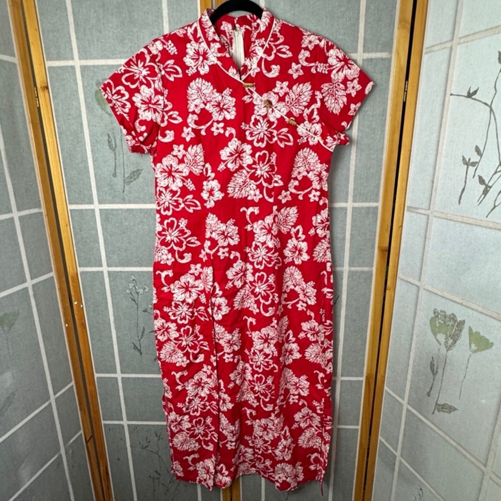 Karyl Kaye Hawaii Red Hibiscus Floral Cheongsam Maxi Dress Cotton Size 12 M519-2
